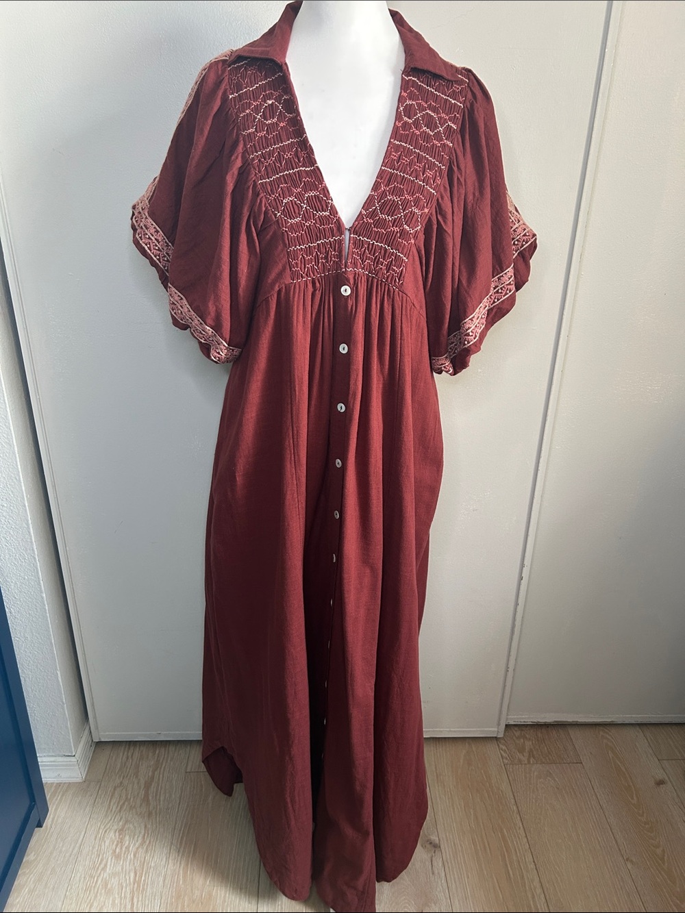 Free People Samantha Shirtdress"Double Dare" Red Intricate Shoulder Embroidery